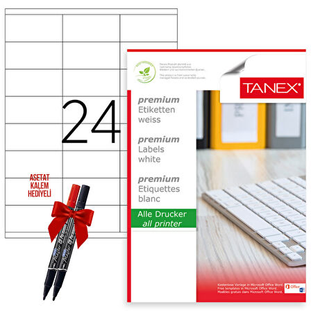 Tanex Tw-2736 70x36 mm Laser Etiket 100 Tabaka 2'li Asetat Kalem Hediyeli