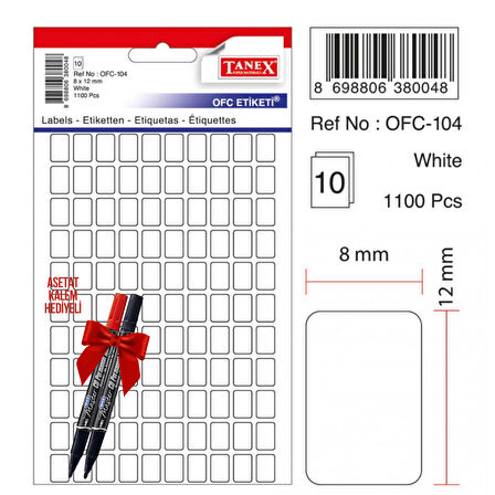 Tanex OFC-104 8x12 Mm Beyaz Ofis Etiketi 10 sayfa 2'li Asetat Kalem Hediyeli