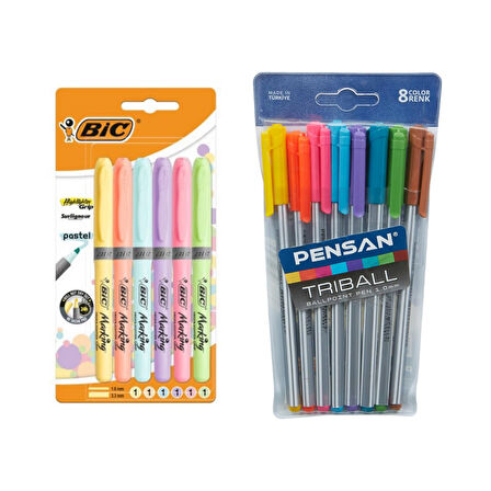 Bic  6 Renk Fosforlu Kalem Set Pastel + Pensan Triball 8'li Kalem Set