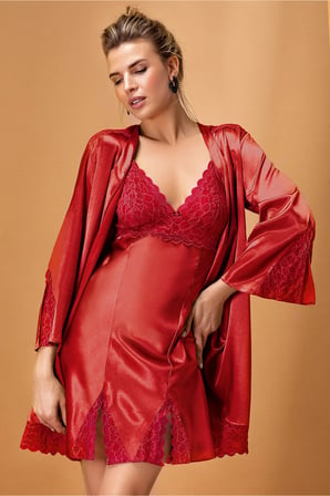 Kadın Bordo Saten Kimono Takım