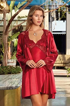 Kadın Bordo Saten Kimono Takım Q.6N4K5RK5.T.K.S