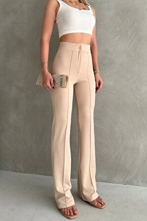 Kadın Büyük Beden Krep Kumaş Likralı Ön Çimalı İspanyol Paça Pantolon