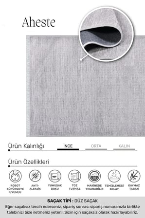 Aheste Gri Yumuşak Dokulu Halı | Yıkanabilir Kaymaz Tabanlı Modern Kilim Robot Süpürgeye Uyumlu