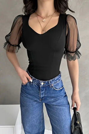 Kadın Siyah Prenses Kol Tül Detaylı Crep Bluz