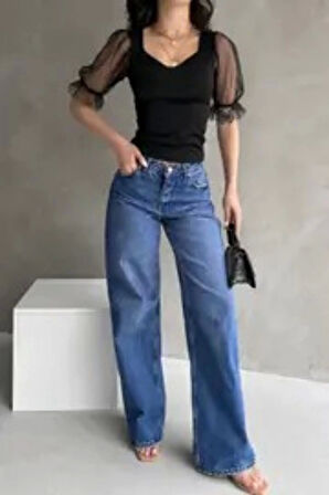 Kadın Siyah Prenses Kol Tül Detaylı Crep Bluz