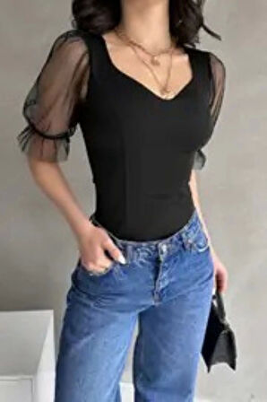 Kadın Siyah Prenses Kol Tül Detaylı Crep Bluz