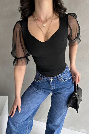 Kadın Siyah Prenses Kol Tül Detaylı Crep Bluz