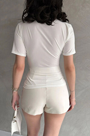 Beyaz Kısa Kol Drapeli Sandy Bluz