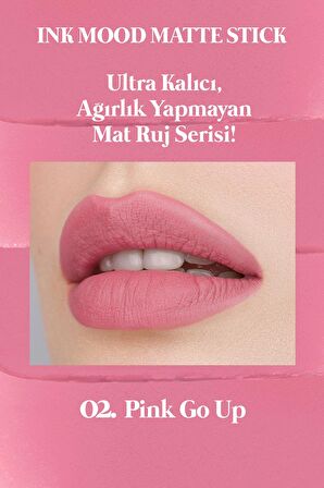 Mat Bitişli ve Uzun Süre Kalıcı Stick Ruj Peripera Ink Mood Matte Stick (02 Pink Go Up)