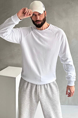 Erkek Beyaz Reglan Kol 3 Iplik Sweatshirt