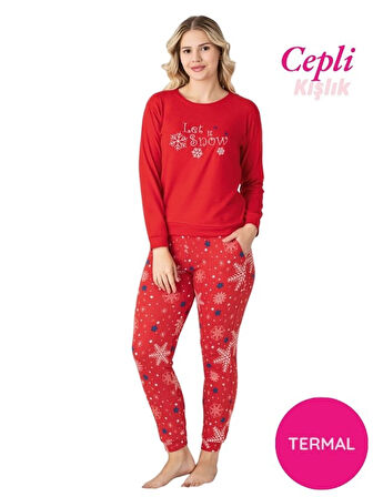 Kadın Bisiklet Yaka Düğmesiz Kışlık Termal Bilek Manşetli Jogger Uzun Kol Cepli Pijama Takımı