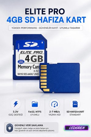 Elite Pro 4GB SD Hafıza Kartı 3.3V Yüksek Hızlı FAT32 NTFS Uyumlu SD Kart