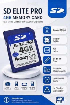 Elite Pro 4GB SD Hafıza Kartı 3.3V Yüksek Hızlı FAT32 NTFS Uyumlu SD Kart