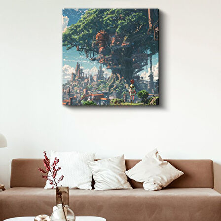 Devasa Ağaç Şehri - Mavi Gökyüzü Anime Kanvas Tablo