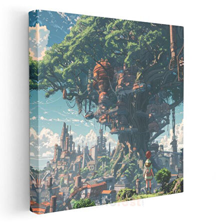 Devasa Ağaç Şehri - Mavi Gökyüzü Anime Kanvas Tablo