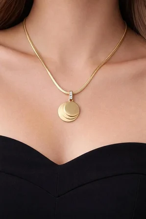 Çelik 3 lü Yuvarlak Gold Uçlu Zirkon Taşlı Kolye