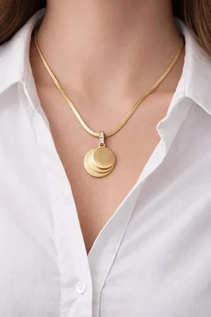 Çelik 3 lü Yuvarlak Gold Uçlu Zirkon Taşlı Kolye