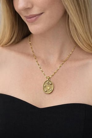 Çelik Oval Ay ve Yıldızlı Gold Zirkon Kolye