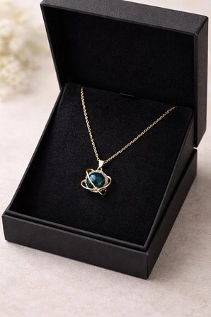 Çelik Mavi Taşlı Gezegen Uçlu Gold Zirkon Kolye