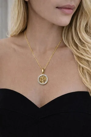Çelik Yuvarlak Uçlu Gold Zirkon Taşlı Kolye