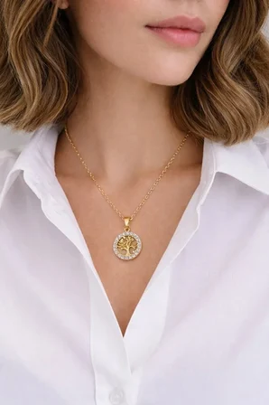Çelik Yuvarlak Uçlu Gold Zirkon Taşlı Kolye