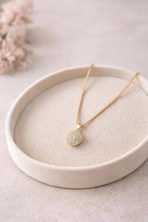 Çelik Davul Uçlu Yuvarlak Zirkon Taşlı Gold Kolye