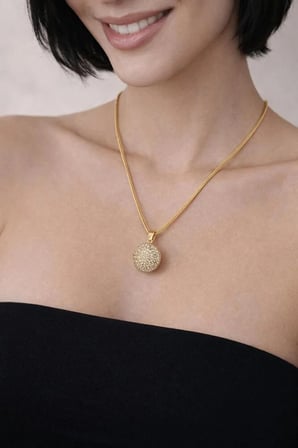 Çelik Davul Uçlu Yuvarlak Zirkon Taşlı Gold Kolye