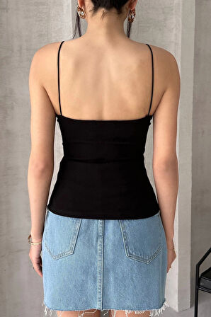 Kadın Siyah Gloplu İp Askılı Büstiyer Sütyenli Crop Atlet