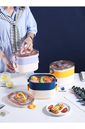 Iki Katlı Paslanmaz Çelik Kolay Kilit Sefer Tası Yemek Kabı Sarı-koyu Mavi Bl2215
