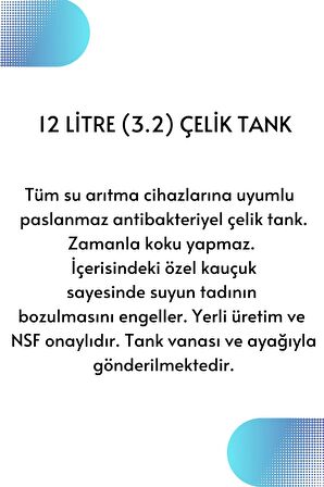 Su Arıtma Cihazı 12 Litre Nsf Onaylı Paslanmaz Metal Tank