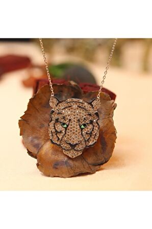 Şampanya Taşlı Kaplan Gümüş Kolye