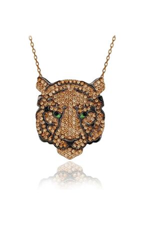 Şampanya Taşlı Kaplan Gümüş Kolye