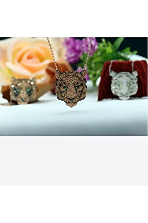 Şampanya Taşlı Kaplan Gümüş Kolye