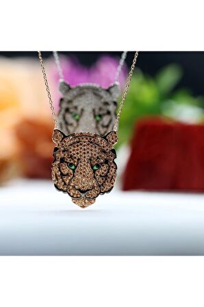 Şampanya Taşlı Kaplan Gümüş Kolye