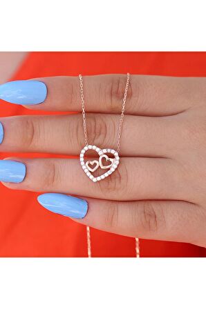 Beyaz Zirkon Taşlı 2 Li Küçük Kalp Gümüş Kolye