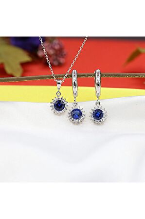 Lacivert Beyaz Taşlı Minimal Anturaj Yuvarlak Gümüş Kolye Küpe Takım