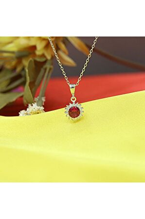 Kırmızı Beyaz Taşlı Minimal Anturaj Yuvarlak Gümüş Kolye
