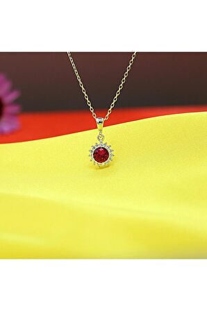 Kırmızı Beyaz Taşlı Minimal Anturaj Yuvarlak Gümüş Kolye