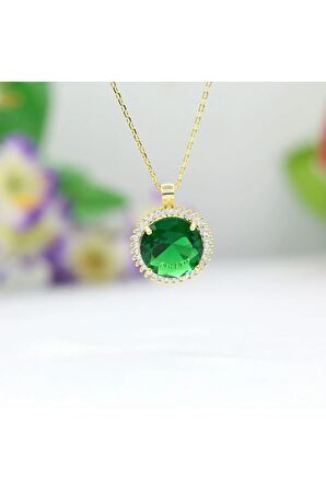 Yeşil Beyaz Zirkon Taşlı Yuvarlak Gümüş Kolye