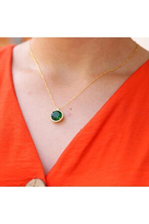 Yeşil Beyaz Zirkon Taşlı Yuvarlak Gümüş Kolye