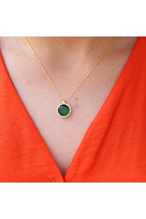 Yeşil Beyaz Zirkon Taşlı Yuvarlak Gümüş Kolye