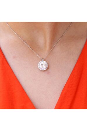 Beyaz Zirkon Taşlı Yuvarlak Gümüş Kolye