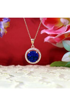 Lacivert Beyaz Zirkon Taşlı Yuvarlak Gümüş Kolye