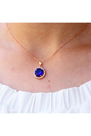 Lacivert Beyaz Zirkon Taşlı Yuvarlak Gümüş Kolye