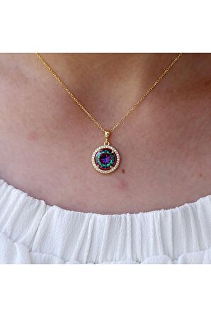 Mistik Topaz Beyaz Zirkon Taşlı Yuvarlak Gümüş Kolye