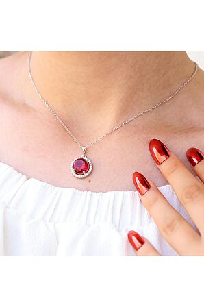 Kırmızı Beyaz Zirkon Taşlı Yuvarlak Gümüş Kolye