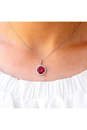 Kırmızı Beyaz Zirkon Taşlı Yuvarlak Gümüş Kolye