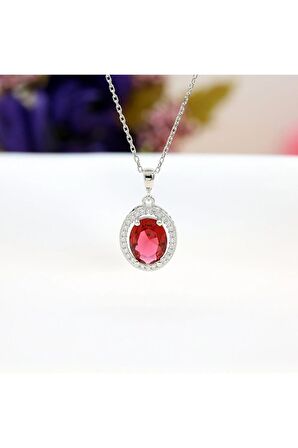 Kırmızı Beyaz Zirkon Oval Taşlı Gümüş Kolye