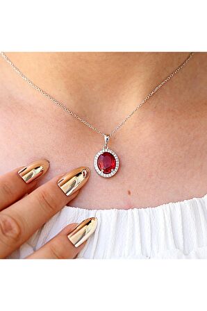 Kırmızı Beyaz Zirkon Oval Taşlı Gümüş Kolye