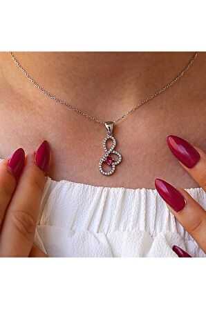 Kırmızı Beyaz Taşlı Sonsuzluklu Kalp Gümüş Kolye